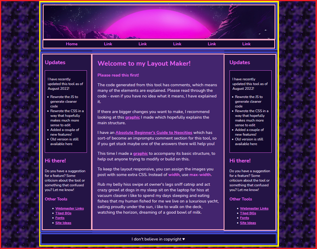 A screenshot of sadgrl's layout maker with the different components outlined in colors